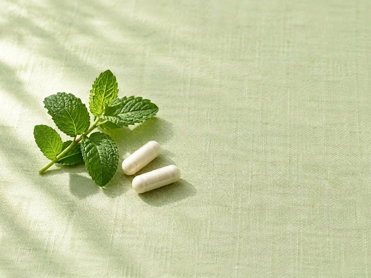 Due capsule e menta fresca su lino verde chiaro