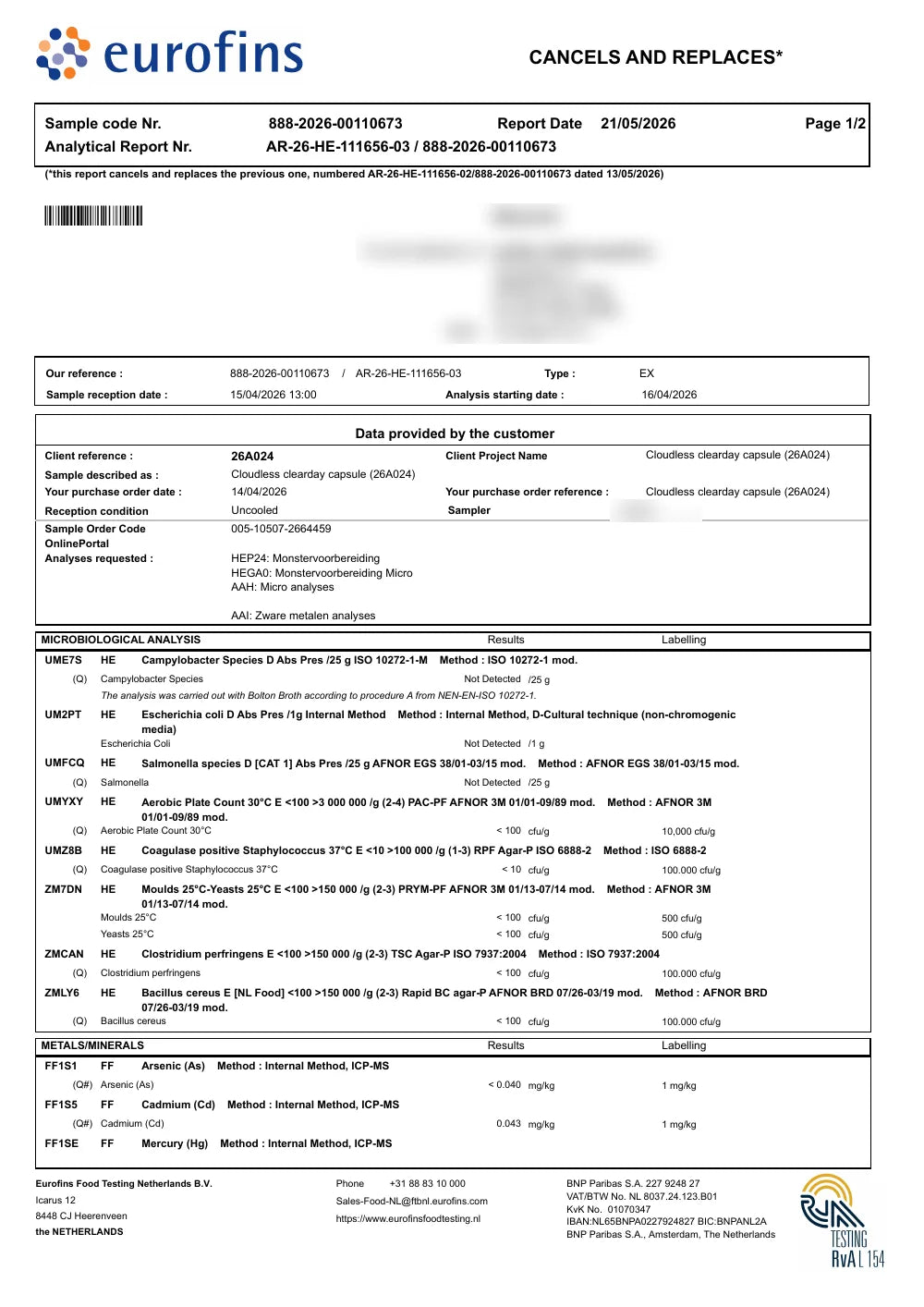 Prima pagina del rapporto di analisi
